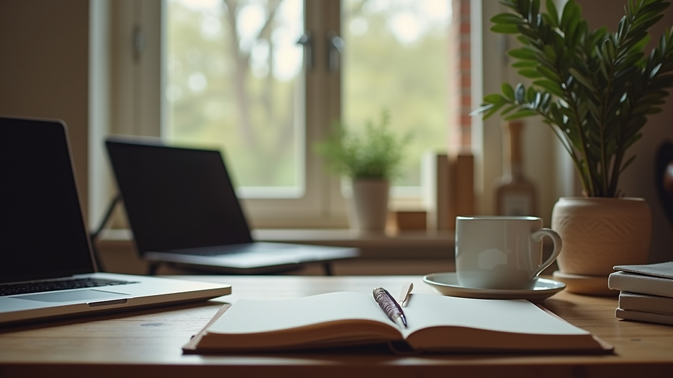 Eye-level view of a cozy writing nook with a laptop and notebook