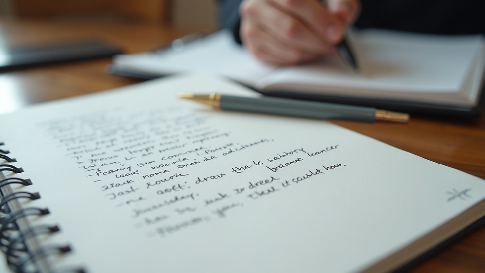 Close-up view of a notebook with handwritten notes and a pen