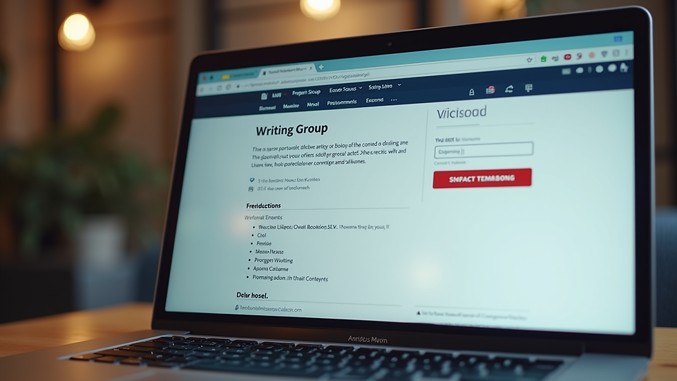 Close-up view of a laptop screen displaying a writing group directory webpage