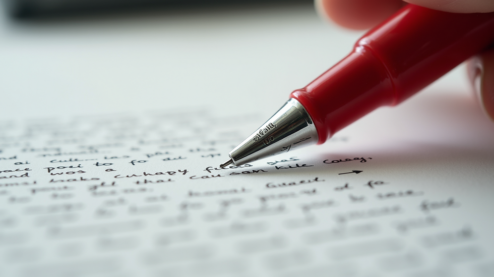 Close-up view of a red pen resting on a typed manuscript