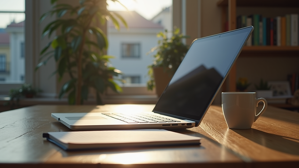 Eye-level view of a laptop and notebook on a wooden desk