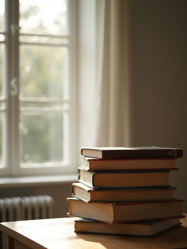 A stack of aged hardcover books placed near an open window reflecting soft morning light.