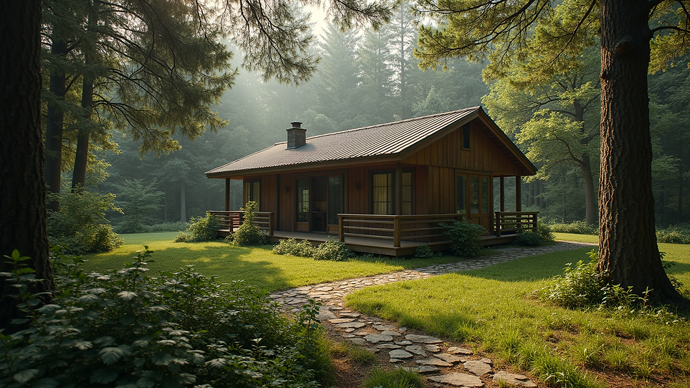 Wide angle view of a serene writing retreat surrounded by trees