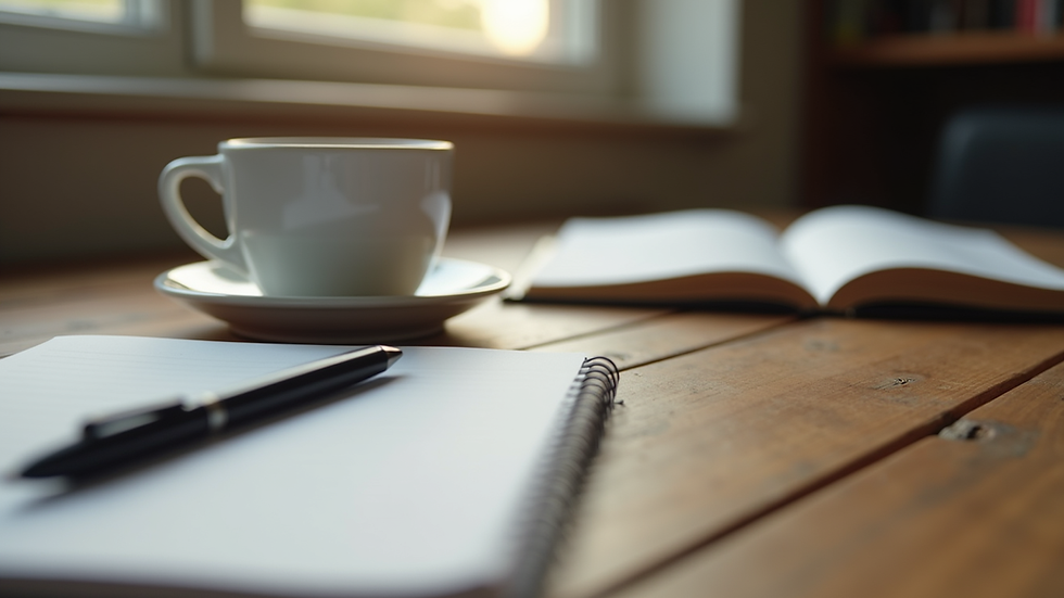 Close-up view of a writer’s desk with a cup of coffee and open notebook