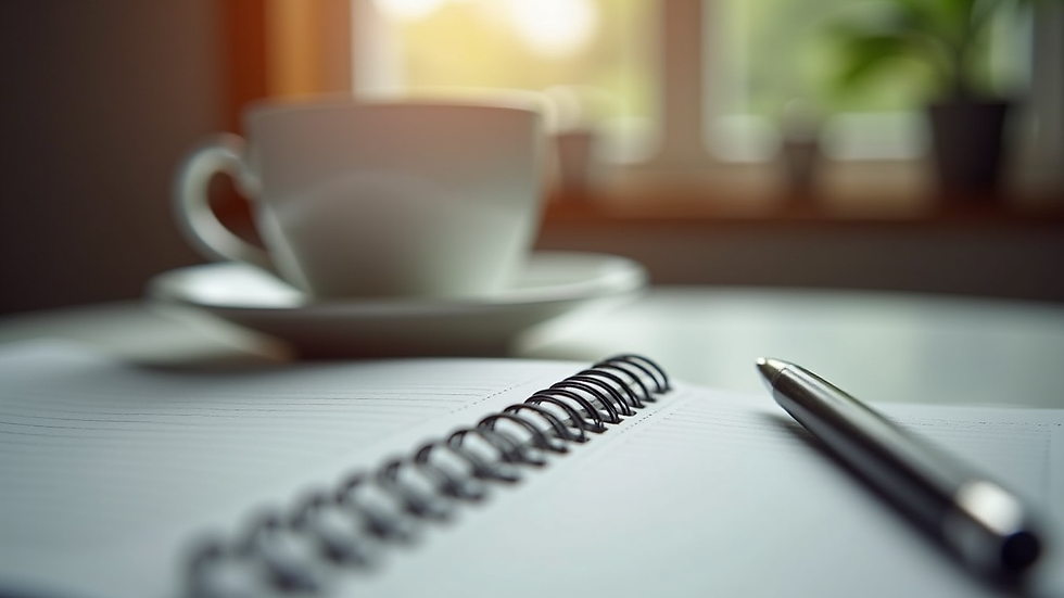 Close-up view of a notebook and pen on a desk with a cup of coffee