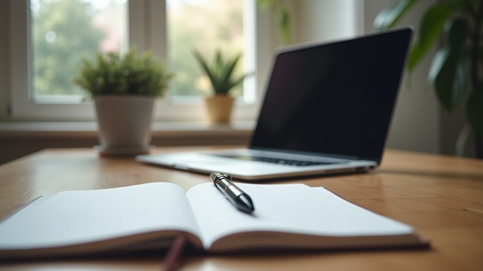 Eye-level view of a neat desk with a laptop and notebook for writing