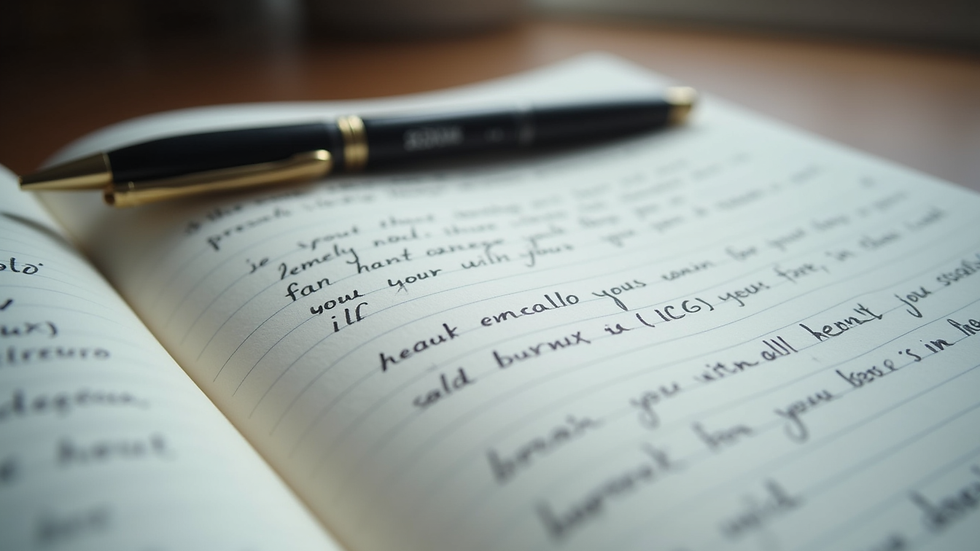 Close-up view of a notebook with handwritten notes and a pen