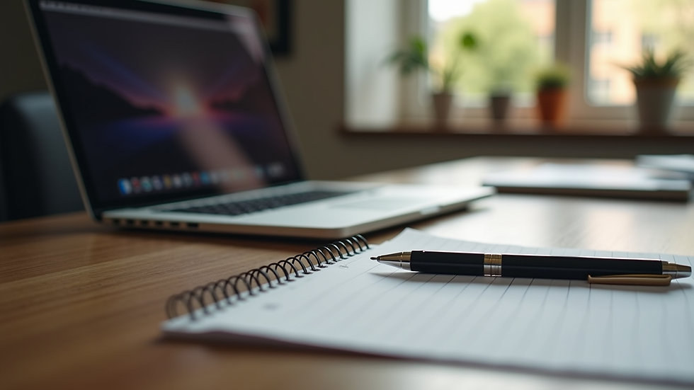 Eye-level view of a laptop on a wooden desk with a notebook and pen
