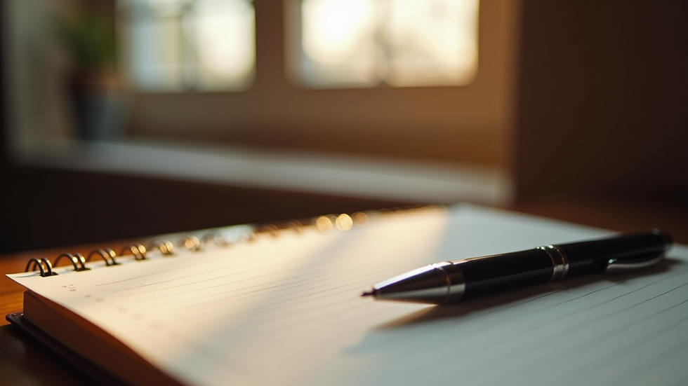 Eye-level view of a cozy writing nook with a notebook and pen