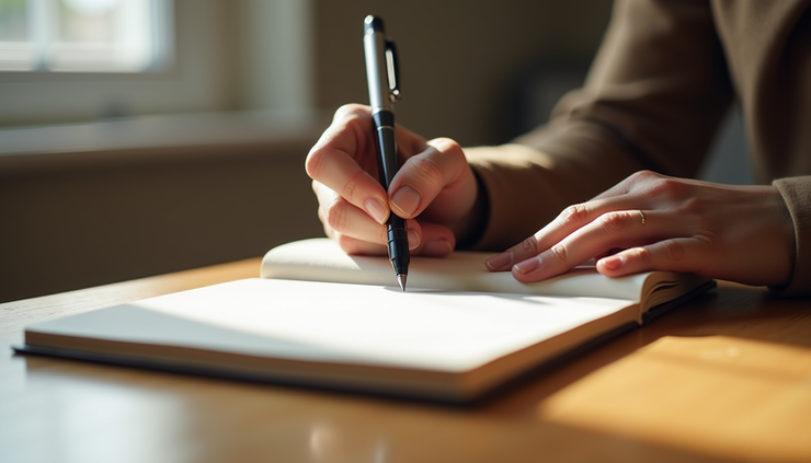Close-up view of a person writing in a journal with a pen on a wooden table