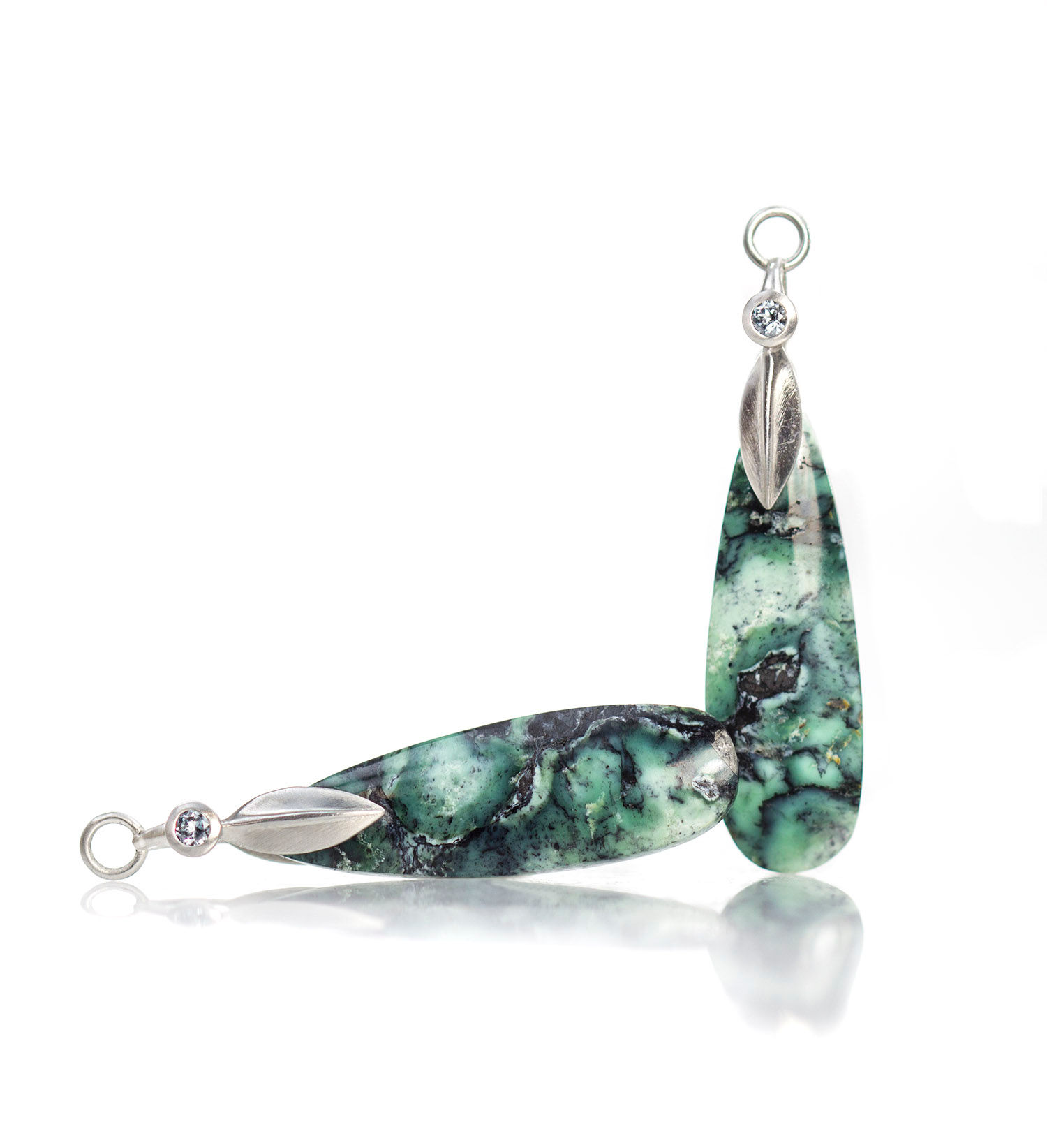 platinum single leaf earring drops with green turquoise and gray spinels