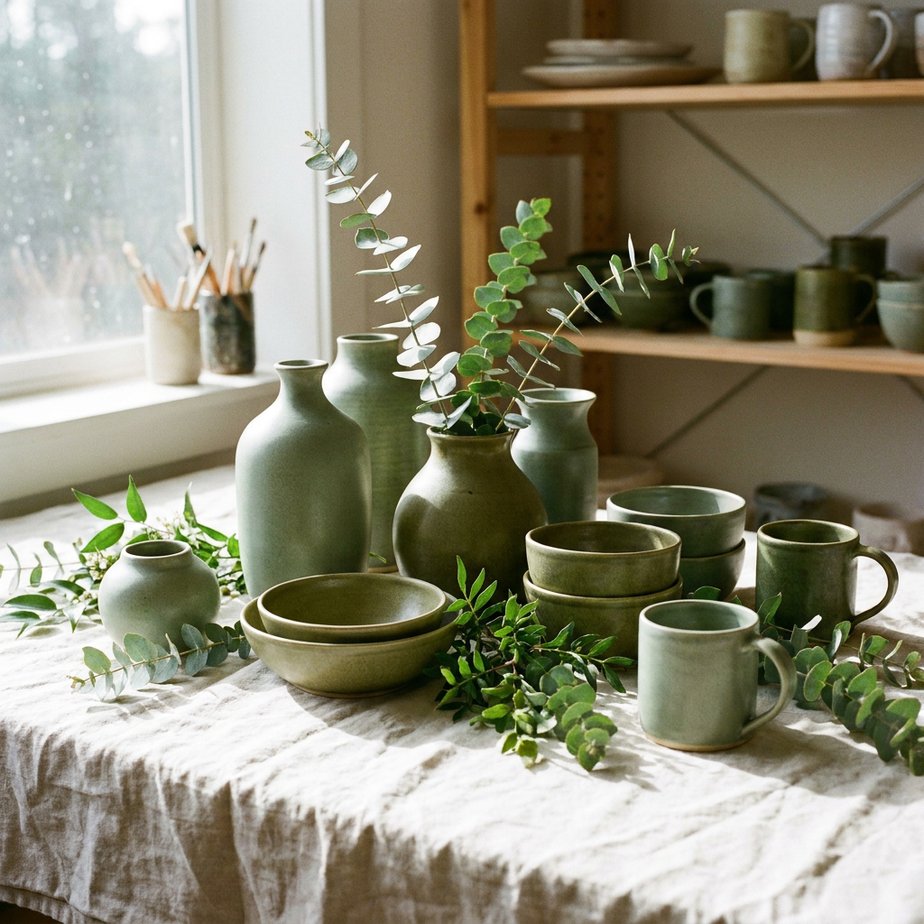 Sage-green handmade ceramics arranged with fresh leaves in a sunlit studio