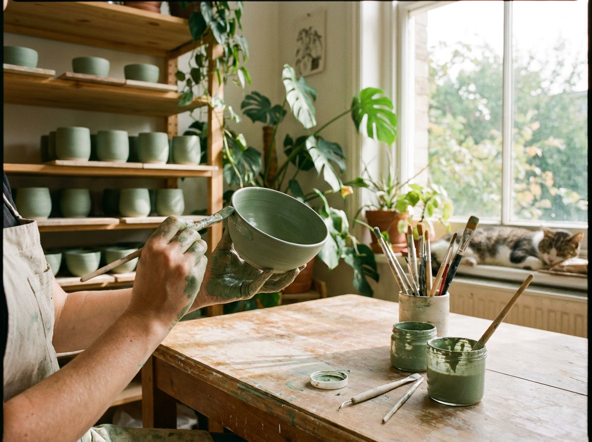 A potter glazing a sage-green bowl among leafy plants in a bright studio