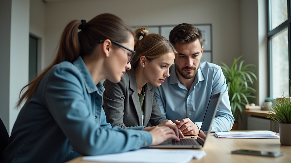 Close-up view of a team collaborating around a laptop in an office