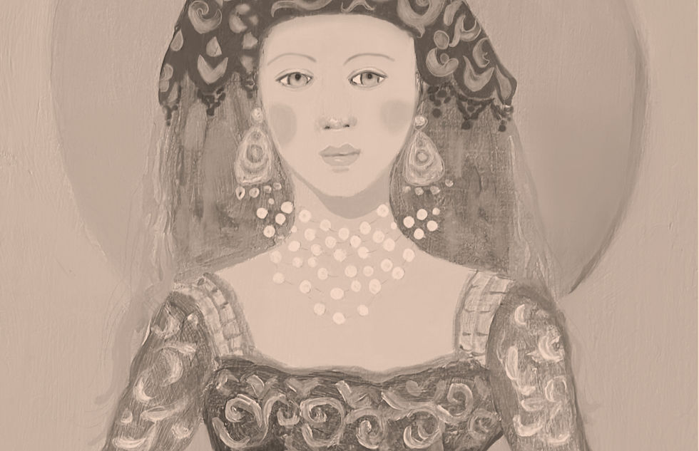 faded painting of young woman in scarf with gypsy earrings and a speckled neck piece
