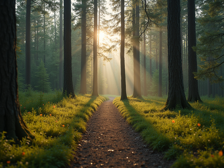 A sun lit path through a forest of trees