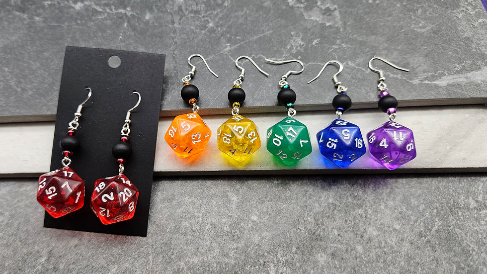 Earrings with matte black rounds & brightly colored d20s