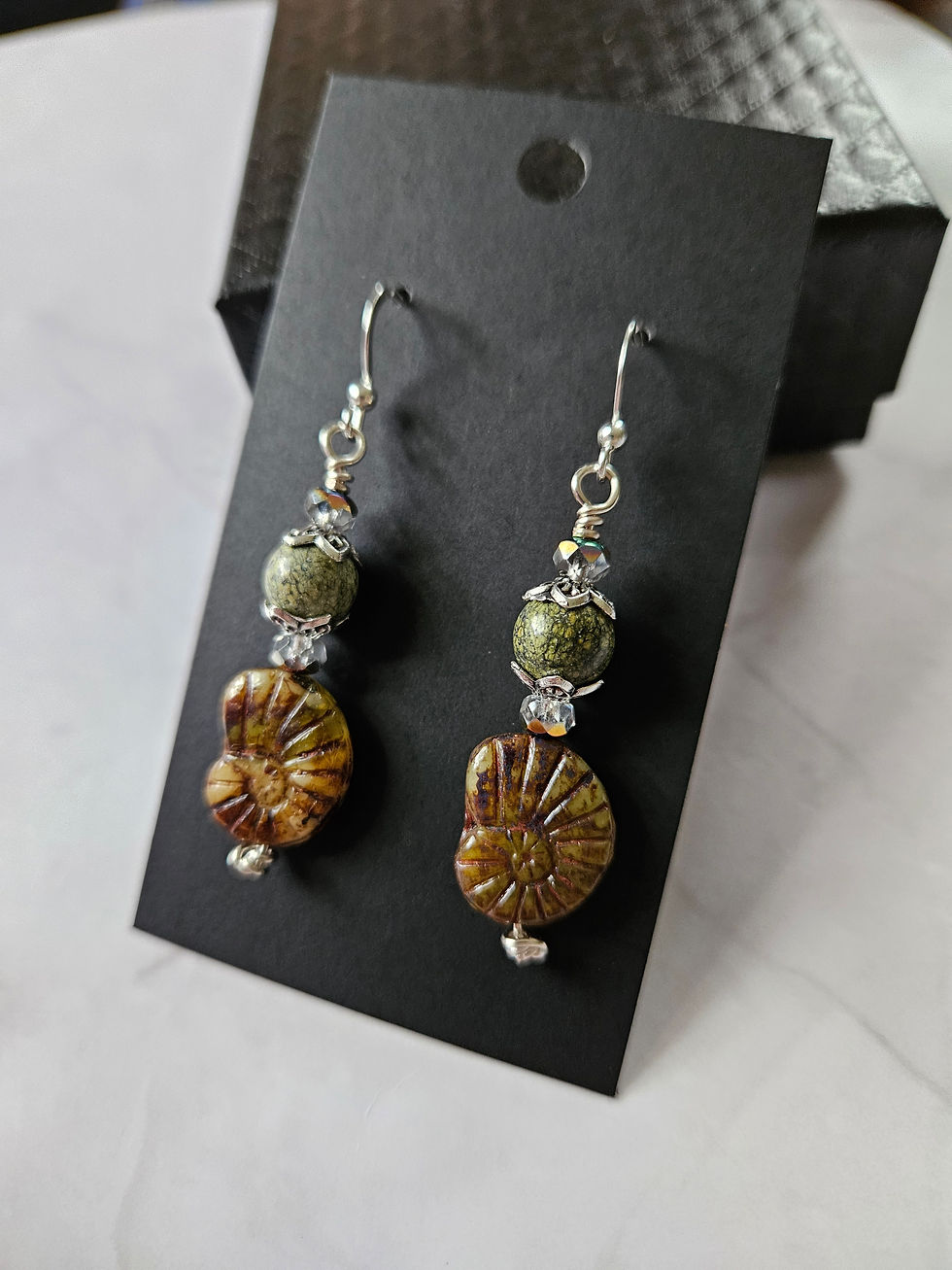 Thumbnail: Earrings with fossil beads and serpentine