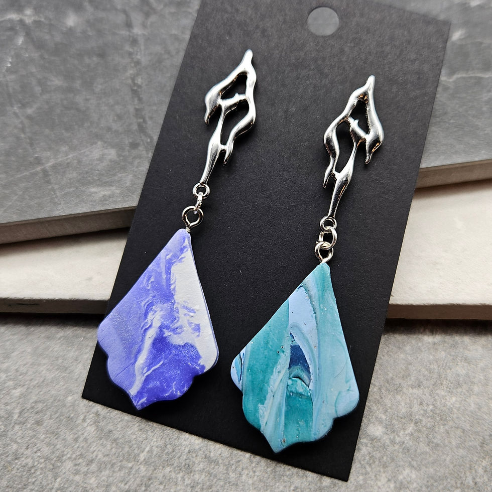 Silver drizzle studs with 1 lavender & 1 teal polymer clay drop (Earrings are not identical)