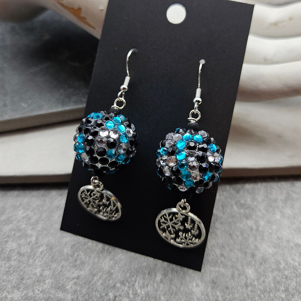 Earrings with aqua, clear & black rhinestone rounds & snowflake charms
