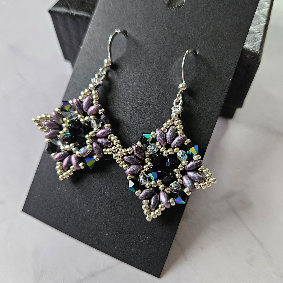 Thumbnail: Beadwoven earrings in the shape of a star, with crystals and superduos