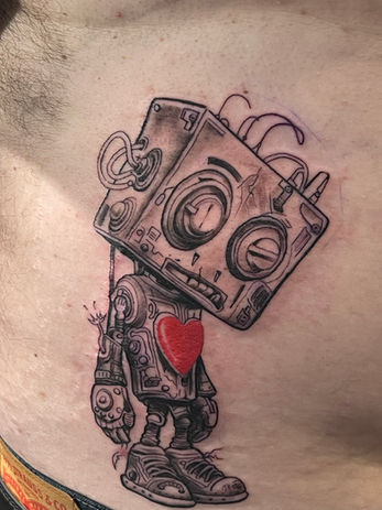 sad robot; side tattoo; robot; ai tattoo; ai teacher; emotionless; sadness; black and gray; fine line