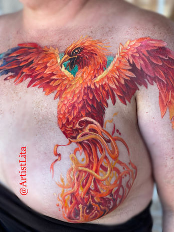 Rising Pheonix in color, double mastectomy, boobs and tattoos scar cover up