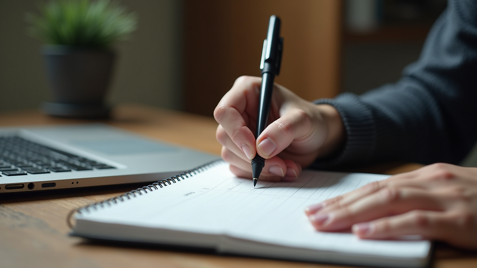 High angle view of a person writing notes on a notebook with a laptop nearby