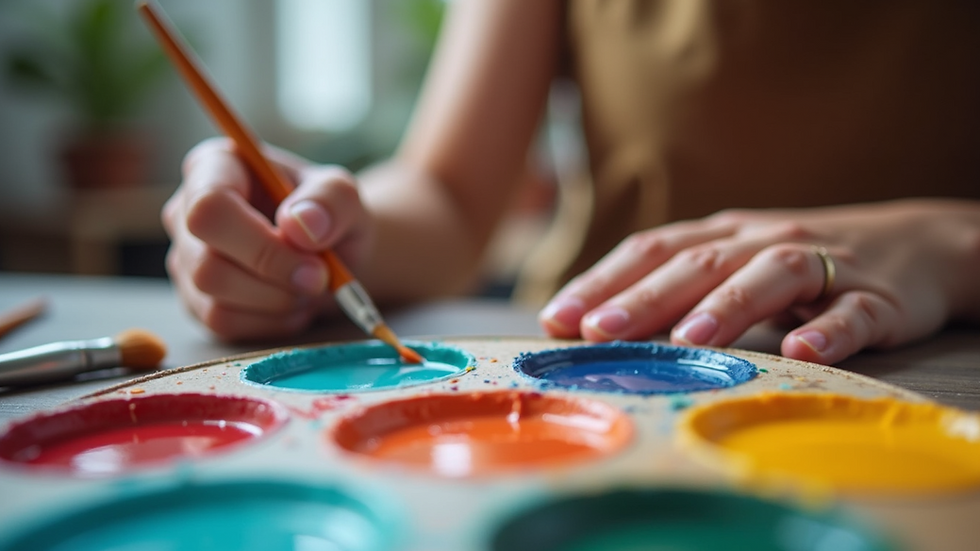Close-up view of a face painter’s clean brushes and colorful paints