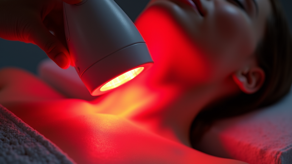 Close-up view of red light therapy device emitting light on skin