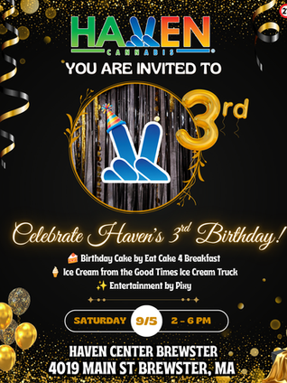Haven Center 3rd Birthday Celebration poster featuring black and gold birthday decorations, balloons, confetti, and the Haven logo. The event takes place Saturday, September 5, from 2–6 PM at Haven Center Brewster, with birthday cake by Eat Cake 4 Breakfast, ice cream from the Good Times Ice Cream Truck, and entertainment by PIXY 103. 21+ event.