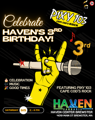 Haven Center Brewster 3rd Birthday celebration graphic featuring PIXY 103, music, and event details for September 5 from 2–6 PM in Brewster, Massachusetts.