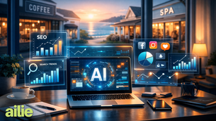 AI marketing dashboard with analytics charts, SEO graphs, and social media icons floating above a laptop in a modern workspace with local business storefronts in the background.