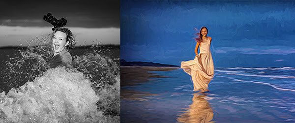photographer in ocean waves holding camera and a model in a dress walking beach at night