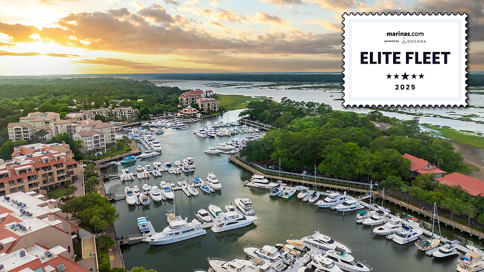 aerial view of the Sunrise over the marina with an Elite Fleet 2025 logo over top