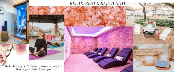 collage of Pure Salt pictures of the interior and events including yoga