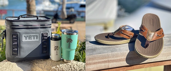 yeti cooler next to yeti tumblers and flip flops