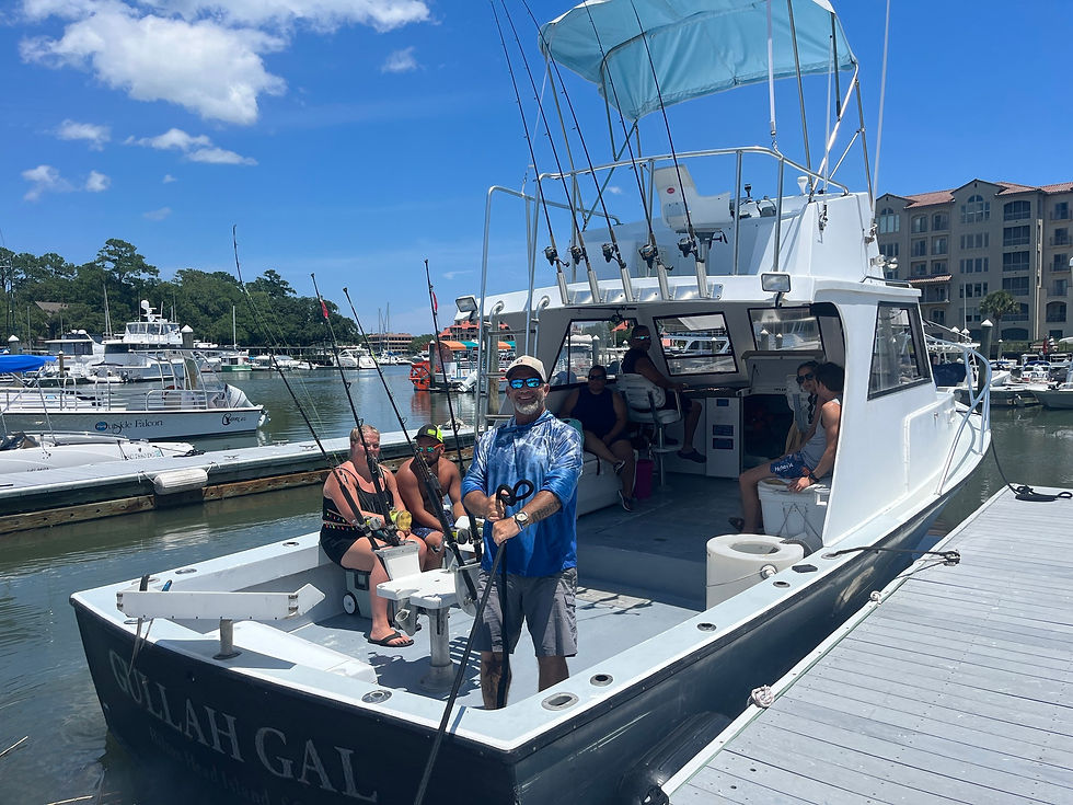 People on an offshore fishing boat at marina
