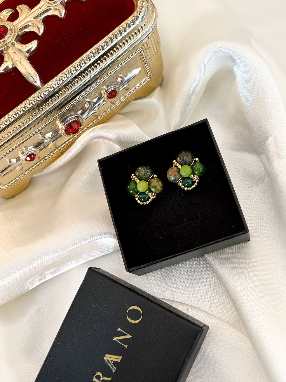 Miniatura: Aretes tejidos Jadeita-serpentina-turmalina verde-unakita