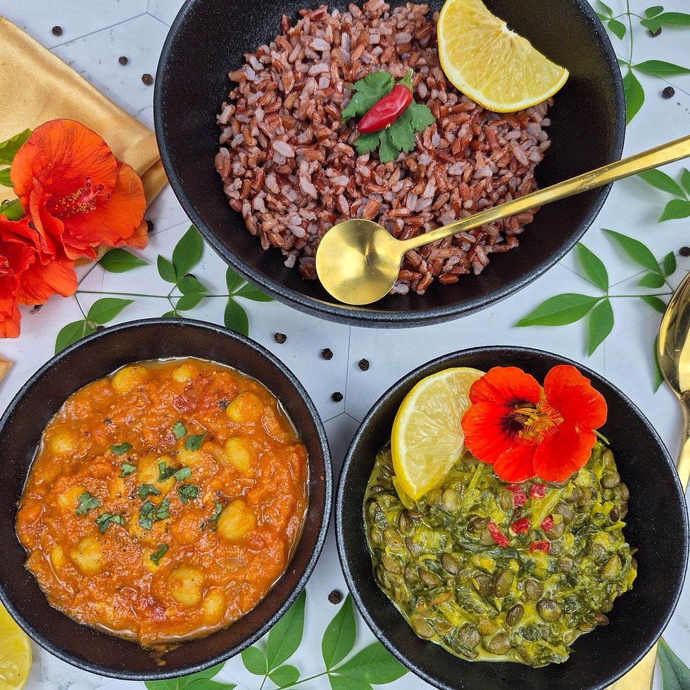 Red rice with Chana Masala and creamy lentil and spinach curry - Cooking with Marchi