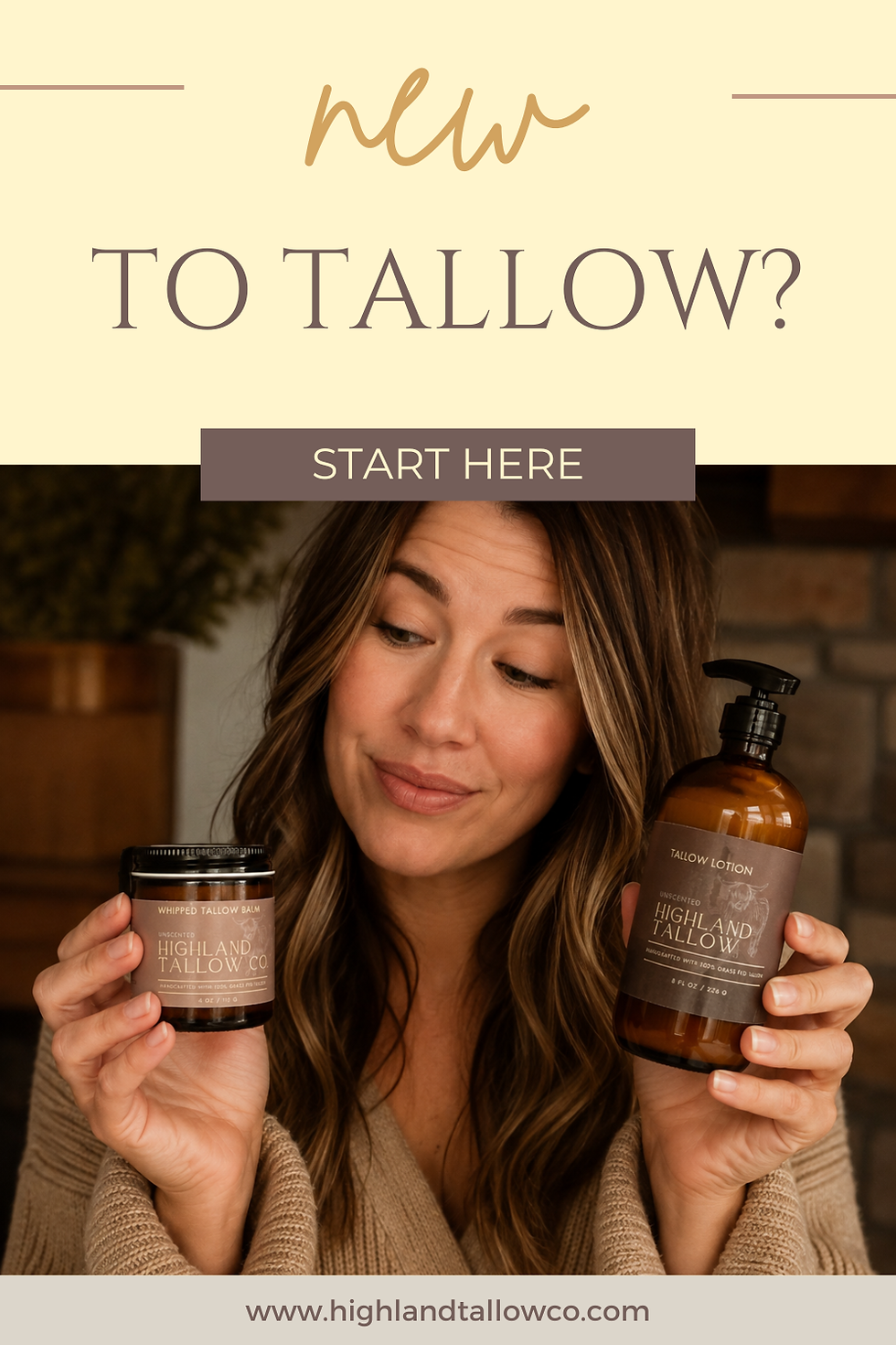 New to Tallow? Start here. Photo of a woman holding a jar of tallow balm and a bottle of tallow lotion