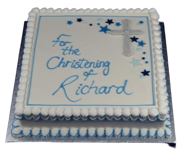 Elegant square cake with a cross design, perfect for religious celebrations or special occasions. The cake is beautifully decorated and sure to impress.