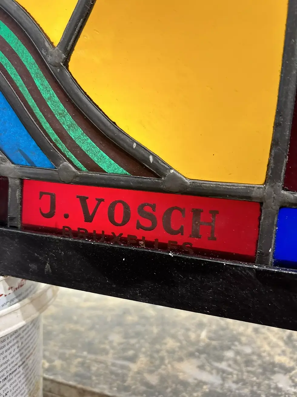 Thumbnail: STAINED GLASS HAND PAINTED WINDOW PANEL OLD ANTIQUE J VOSCH BELGIUM LEADED RARE