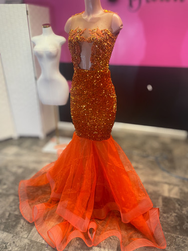 open lace back dress Orange Tulle Evening Gown Women's Prom Party Dress Bespoke Occation Dresses