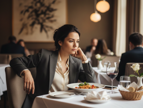 Professional at a business dinner, half-eaten meal, looking tired and bloated, illustrating the impact of late work dinners on digestion and energy.