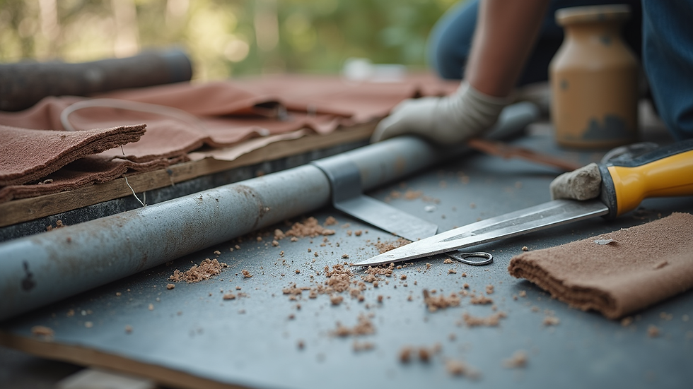 Close-up view of roofing materials and tools laid out for repair work
