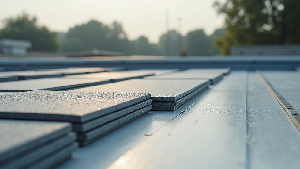 Close-up view of roofing materials laid out on a roof deck