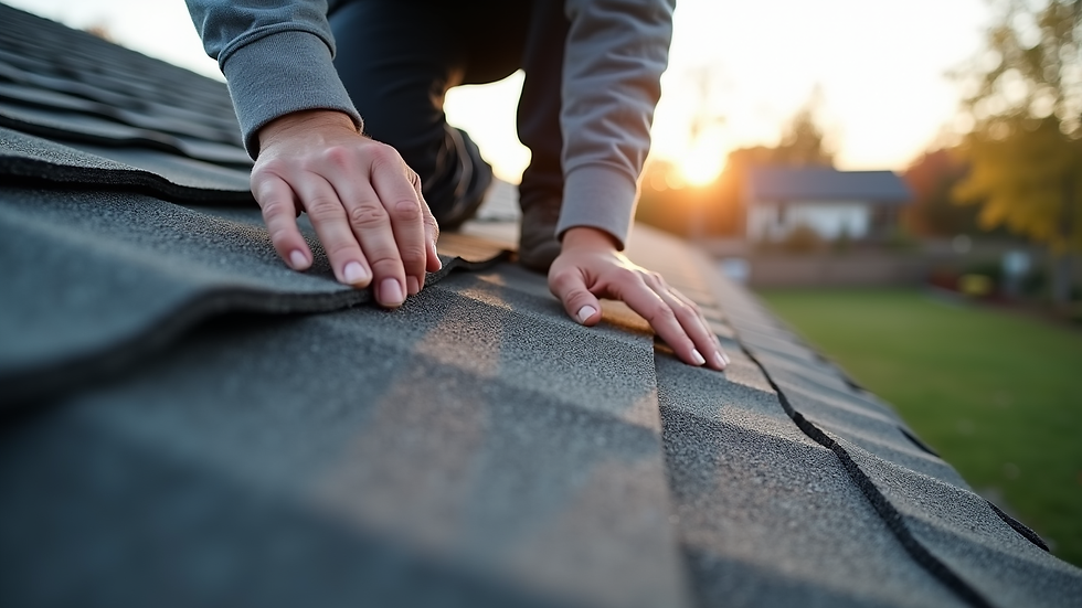 Eye-level view of a roofing professional inspecting shingles on a residential roof
