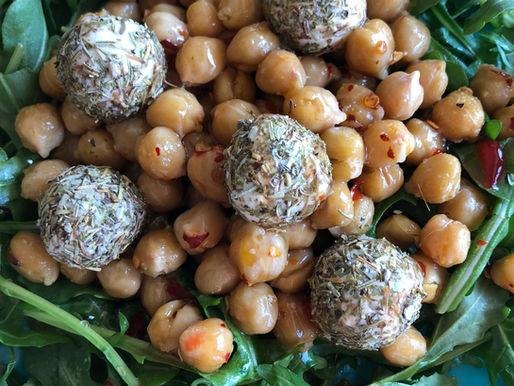 SWEET-HOT CHICKPEA SALAD WITH HERBED GOAT CHEESE BALLS