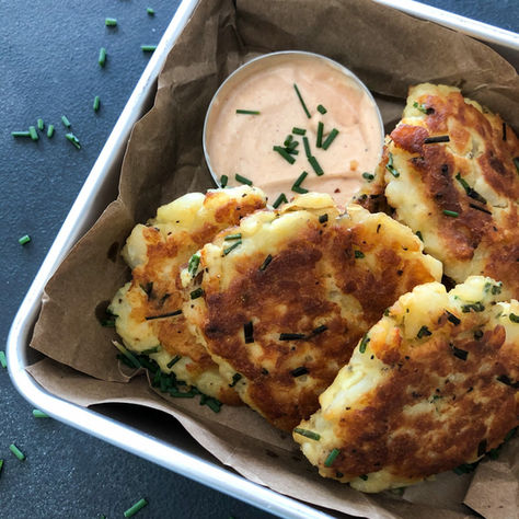 POTATO & CHIVE FRITTERS WITH BBQ MAYO.